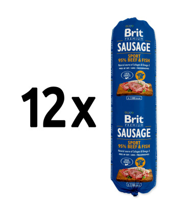 12x salám BRIT Premium Sausage Sport – Beef & Fish 800g